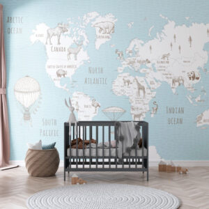 Fototapet personalizat fara imbinari Retro Blue Map pentru camera copiilor Mardom Decor – Zen Interior