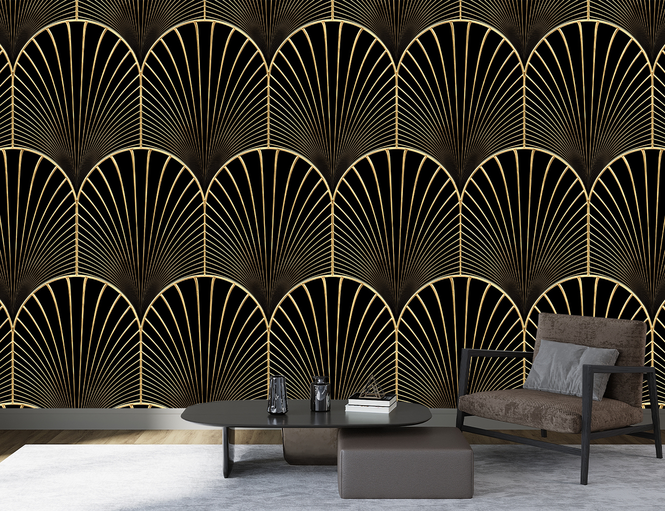 Fototapet personalizat fara imbinari Eleganță Art Deco în Auriu și Negru cu efect de marmura Mardom Decor – Zen Interior