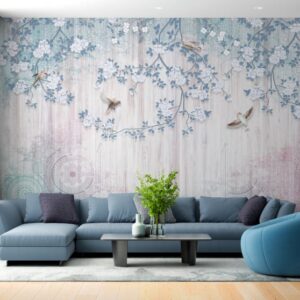 Fototapet personalizat fara imbinari Blooming Branches Stand Gracefully Against A Luminous Backdrop cu design natural