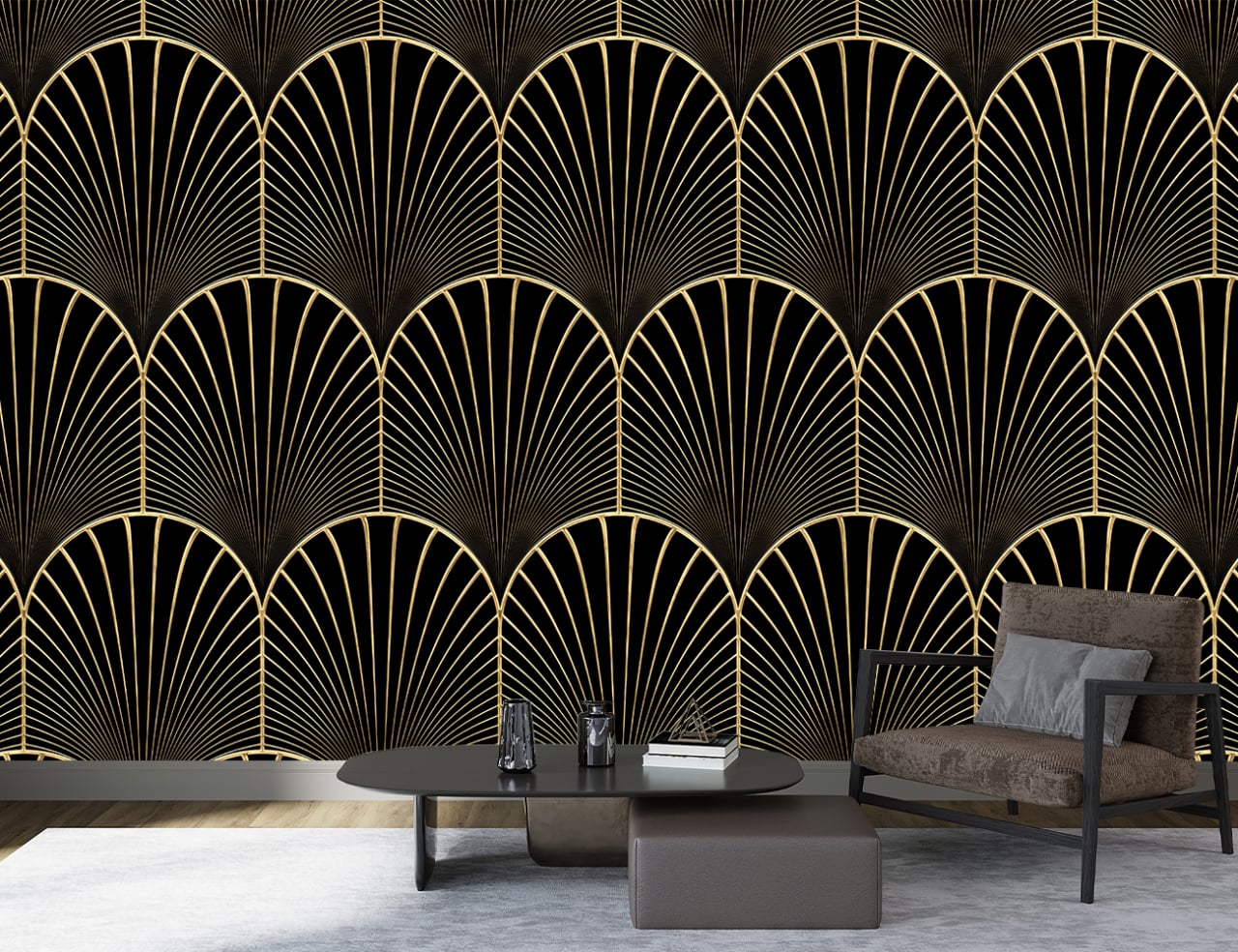 Fototapet personalizat fara imbinari Eleganță Art Deco în Auriu și Negru cu efect de marmura