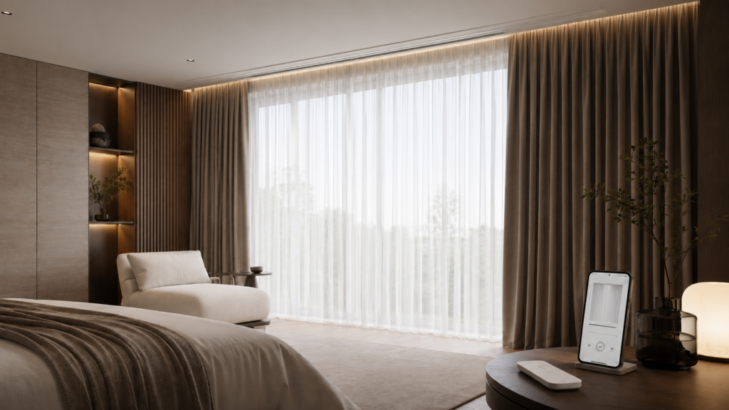 Interior modern cu perdele și draperii montate pe șină electrică, motor vizibil și control prin telecomandă și aplicație Smart Home.